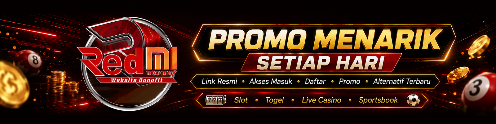 Banner promo REDMITOTO untuk Slot, Togel, Live Casino, dan Sportsbook